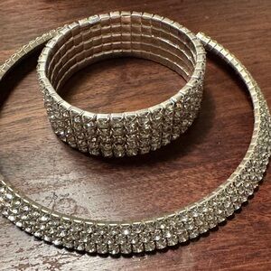 Sparkling Silver Rhinestone Choker Necklace and Bracelet Set